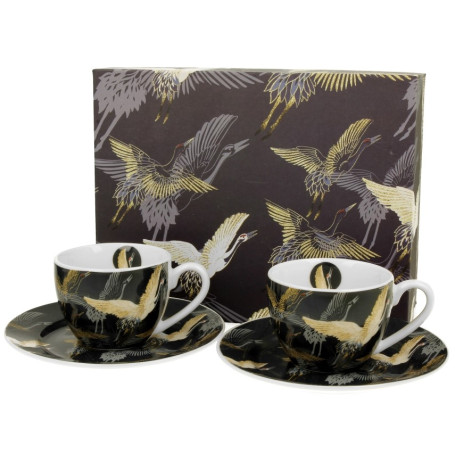 Žeriavy v noci – sada 2 espresso šálok, pohľad spredu