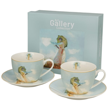 Súprava dvoch šálok a podšálok Monet s motívom Žena so slnečníkom a ich darčeková krabička.