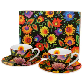 Súprava dvoch espresso šálok a podšálok Etnic a ich darčeková krabička.