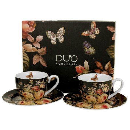 Súprava dvoch espresso/lungo šálok a podšálok Ruže a Motýle (Warda) a ich darčeková krabička.