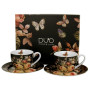 Súprava dvoch espresso/lungo šálok a podšálok Ruže a Motýle (Warda) a ich darčeková krabička.