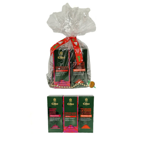 Darčekový balíček ovocných čajov Eilles Tea Deluxe (3 druhy) zabalený v celofáne s mašľou a ozdobou.