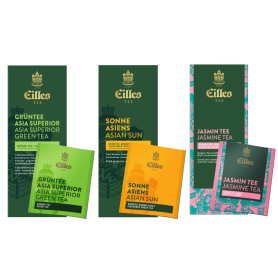 Eilles Tea Deluxe balíček zelených čajov, zobrazené tri rôzne krabičky (Asia Superior, Asian Sun, Deluxe Jasmine).