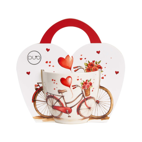 Porcelánová šálka s motívom bicykla s kvetmi a srdiečkami v darčekovom balení.