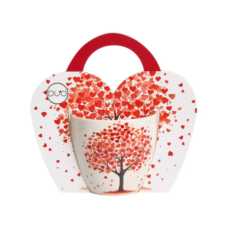 Porcelánová šálka s motívom stromu so srdiečkami namiesto listov v darčekovom balení.