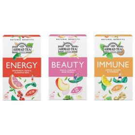 Darčekový balíček Ahmad Tea Fit & Beauty ručne balený v celofáne so stuhou.