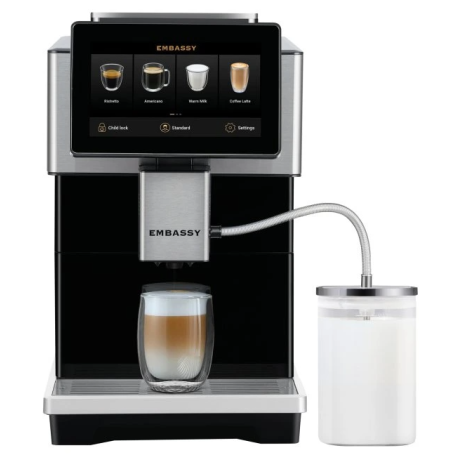 Poloprofesionálny kávovar Embassy Nairobi so 7-palcovým displejom a sklenenou karafou.