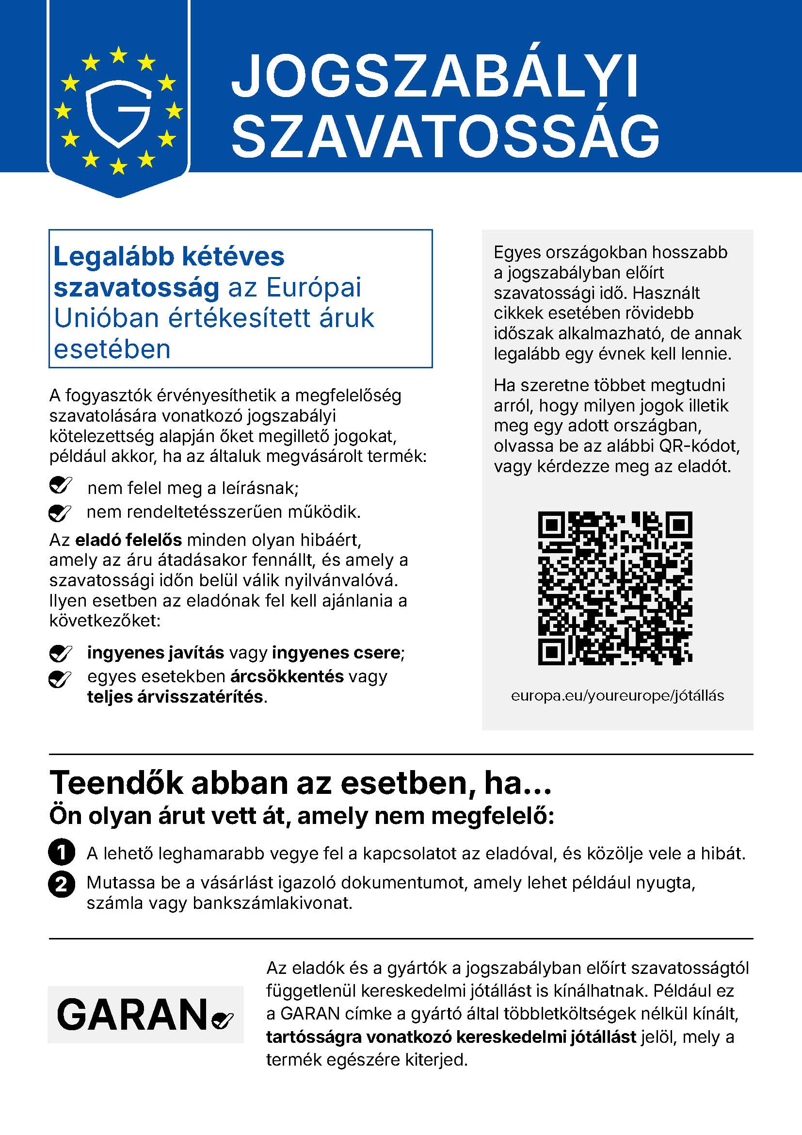 Tájékoztató a kellékszavatossági és jótállási jogokról